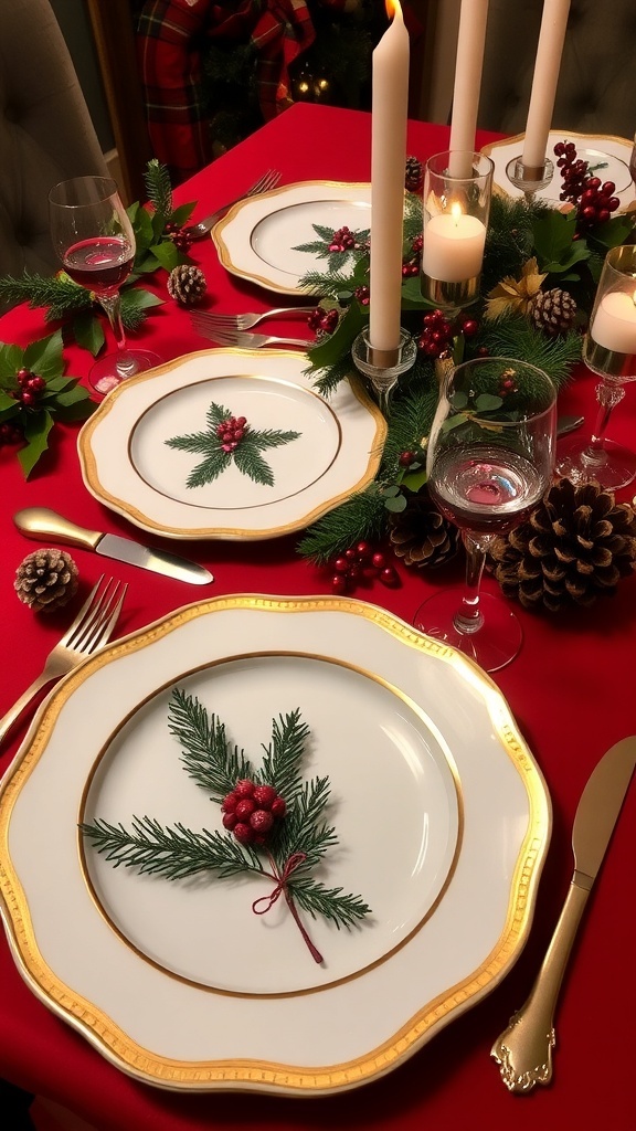 A festive Christmas dinner table set with elegant plates, candles, and seasonal decorations.
